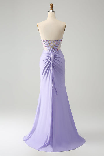 Light Purple Mermaid Strapless Ruched Beaded Corset Ball Dress with Slit